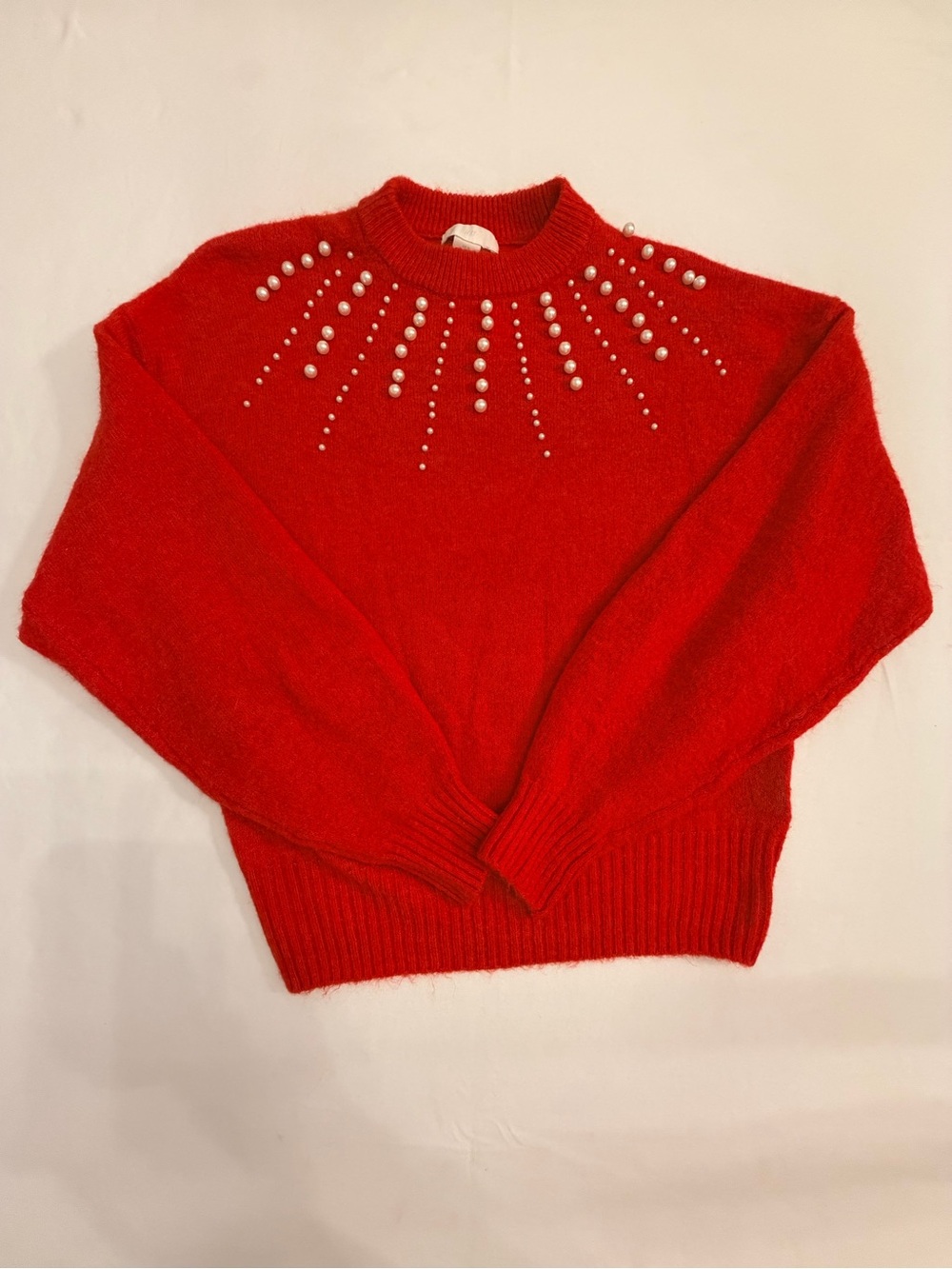 H&M Red Crewneck Sweater with Pearl Radiant Detail Size Small NWT